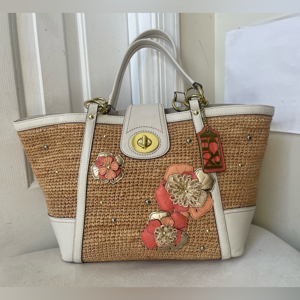 Coach Hamptons Weekend Straw Tote with Floral Appliqués